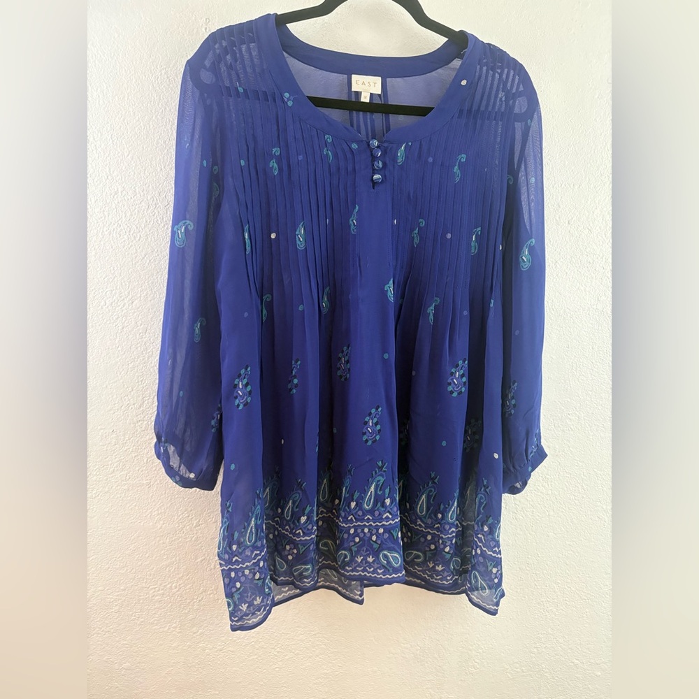 EAST Boho long sleeve blue paisley print 100% viscose blouse size 14